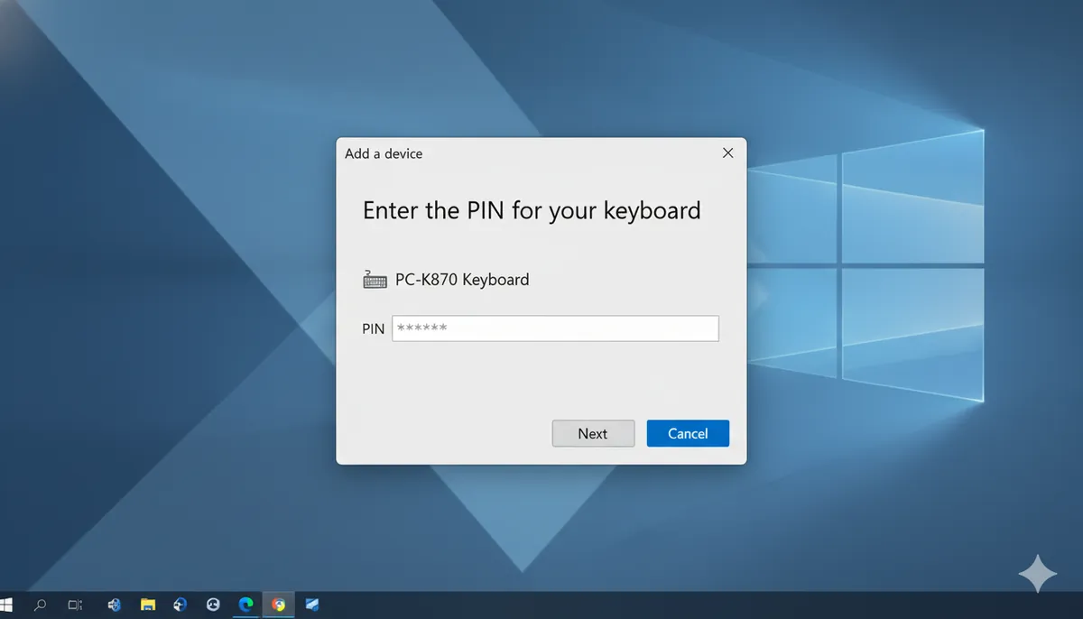 Bluetooth pairing window in Windows asking for a PIN code for the keyboard.